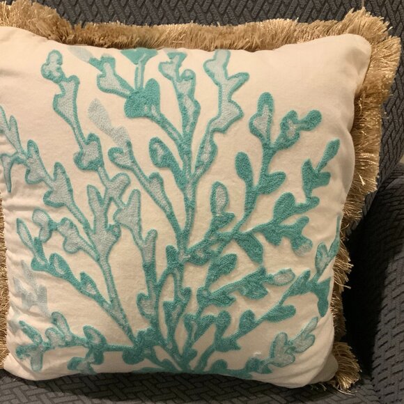 Decorative Fringe Square Pillow with Sea Coral Reef Design 100% Cotton - Picture 3 of 9